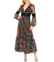 Mac Duggal V-Neck Lace Trim Printed Chiffon Long Sleeve Ruffle Hem Midi A-Line Dress