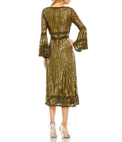 Mac Duggal V-Neck Long Bell Sleeve A-Line Midi Dress