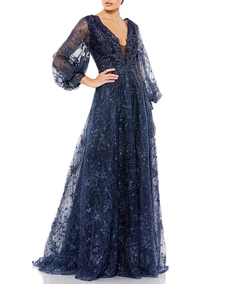 Mac Duggal Deep Mesh V-Neck Long Puff Sleeve Floral Gown