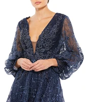 Mac Duggal Deep Mesh V-Neck Long Puff Sleeve Floral Gown