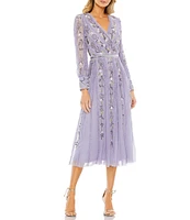 Mac Duggal V-Neck Long Sleeve A-Line Midi Dress