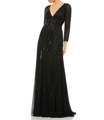 Mac Duggal Long Sleeve V-Neck Sequin A-Line Gown