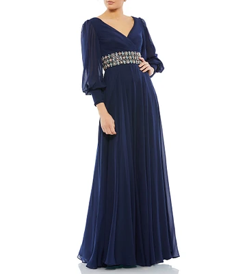 Mac Duggal V-Neck Long Sleeve Belted Gown