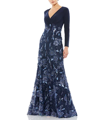 Mac Duggal V-Neck Long Sleeve Embellished Floral Applique Gown