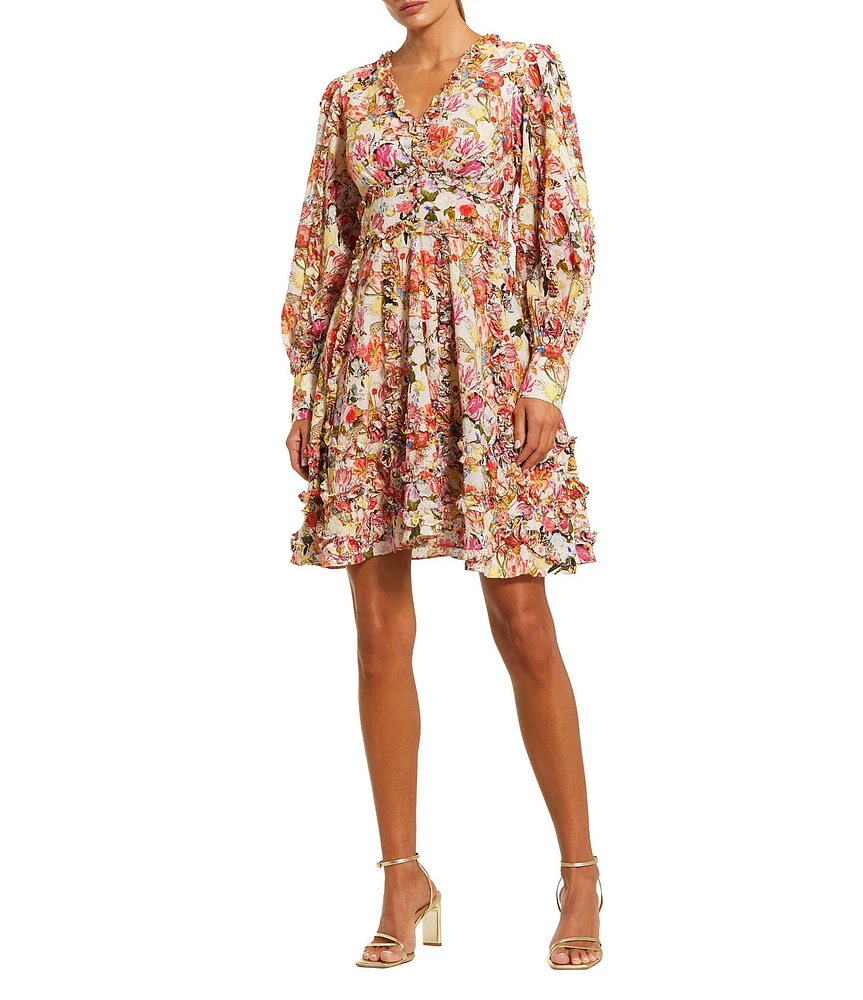 Mac Duggal V-Neck Long Sleeve Floral Woven Shift Dress