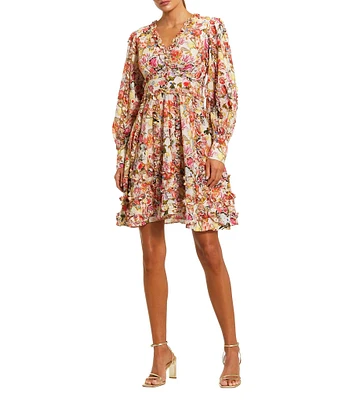 Mac Duggal V-Neck Long Sleeve Floral Woven Shift Dress