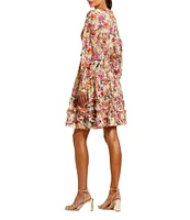 Mac Duggal V-Neck Long Sleeve Floral Woven Shift Dress