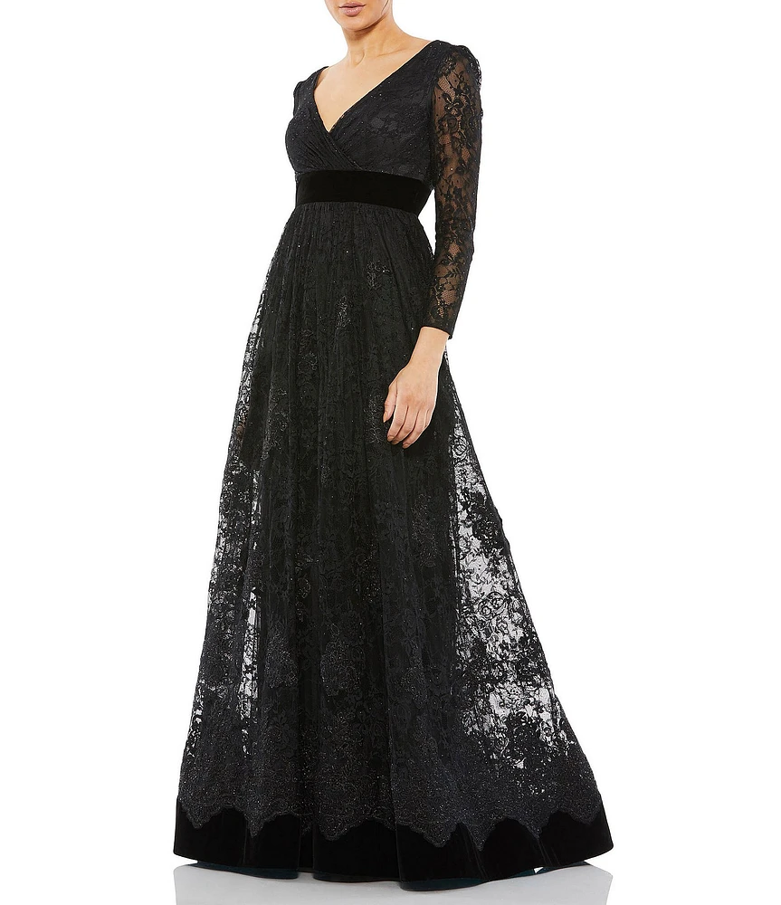 Mac Duggal V-Neck Long Sleeve Lace A-line Gown