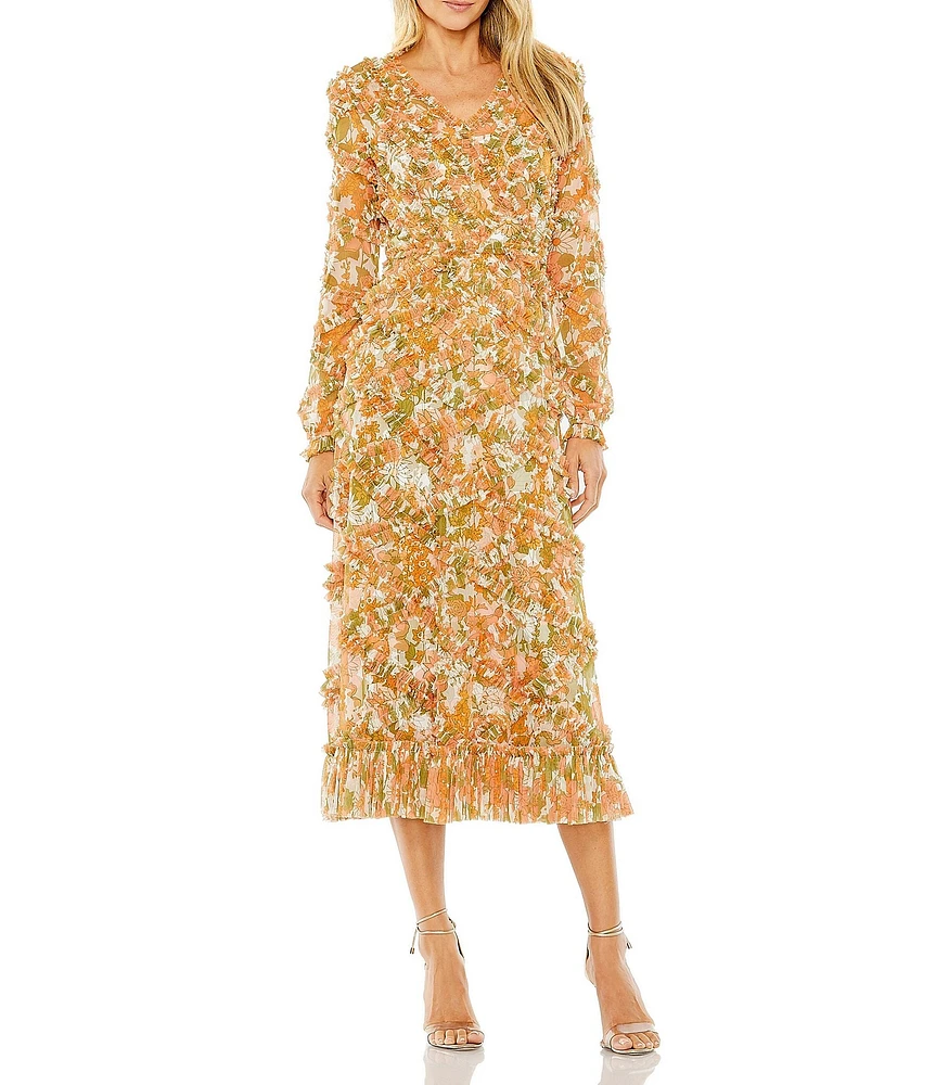 Mac Duggal V-Neck Long Sleeve Low Back Floral Printed Chiffon Ruffle A-line Midi Dress
