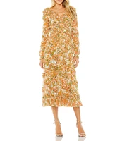 Mac Duggal V-Neck Long Sleeve Low Back Floral Printed Chiffon Ruffle A-line Midi Dress