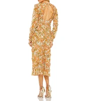 Mac Duggal V-Neck Long Sleeve Low Back Floral Printed Chiffon Ruffle A-line Midi Dress
