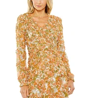 Mac Duggal V-Neck Long Sleeve Low Back Floral Printed Chiffon Ruffle A-line Midi Dress