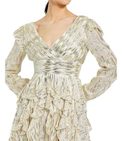 Mac Duggal V-neck Long Sleeve Ruched Bodice Metallic Charmeuse Satin Ruffle Front Dress