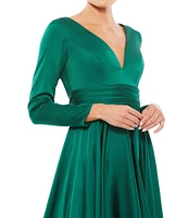 Mac Duggal V-Neck Long Sleeve Satin A-line Midi Dress