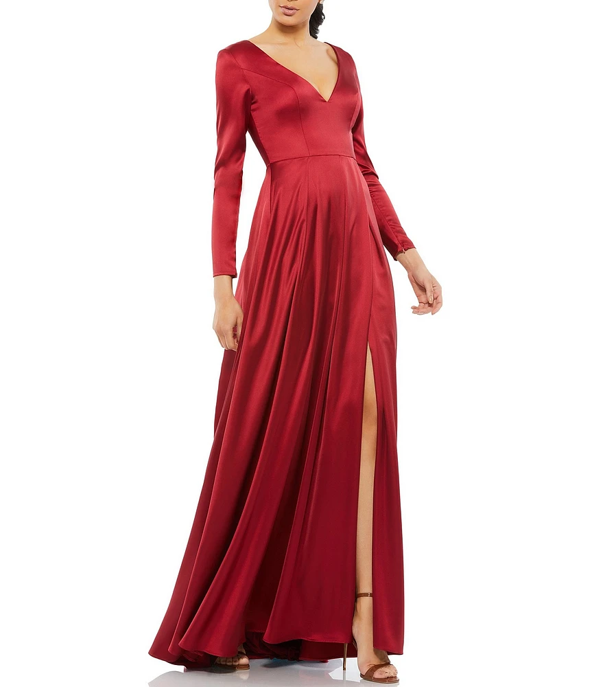 Mac Duggal V Neck Long Sleeve Satin Gown