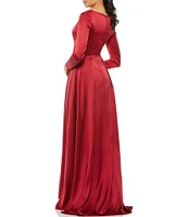 Mac Duggal V Neck Long Sleeve Satin Gown