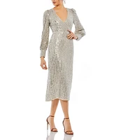 Mac Duggal V-Neck Long Sleeve Sequin Sheath Midi Dress