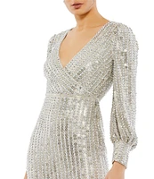 Mac Duggal V-Neck Long Sleeve Sequin Sheath Midi Dress