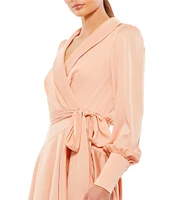 Mac Duggal V Neck Long Sleeve Wrap Satin Mini Dress