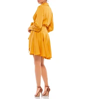 Mac Duggal V Neck Long Sleeve Wrap Satin Mini Dress