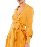 Mac Duggal V Neck Long Sleeve Wrap Satin Mini Dress