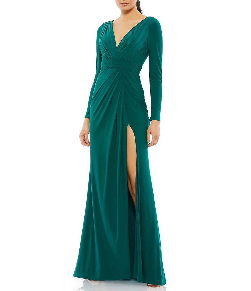 Mac Duggal V-Neck Long Sleeves Ruched Front Jersey Aline Gown