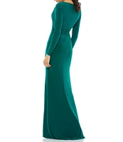 Mac Duggal V-Neck Long Sleeves Ruched Front Jersey Aline Gown