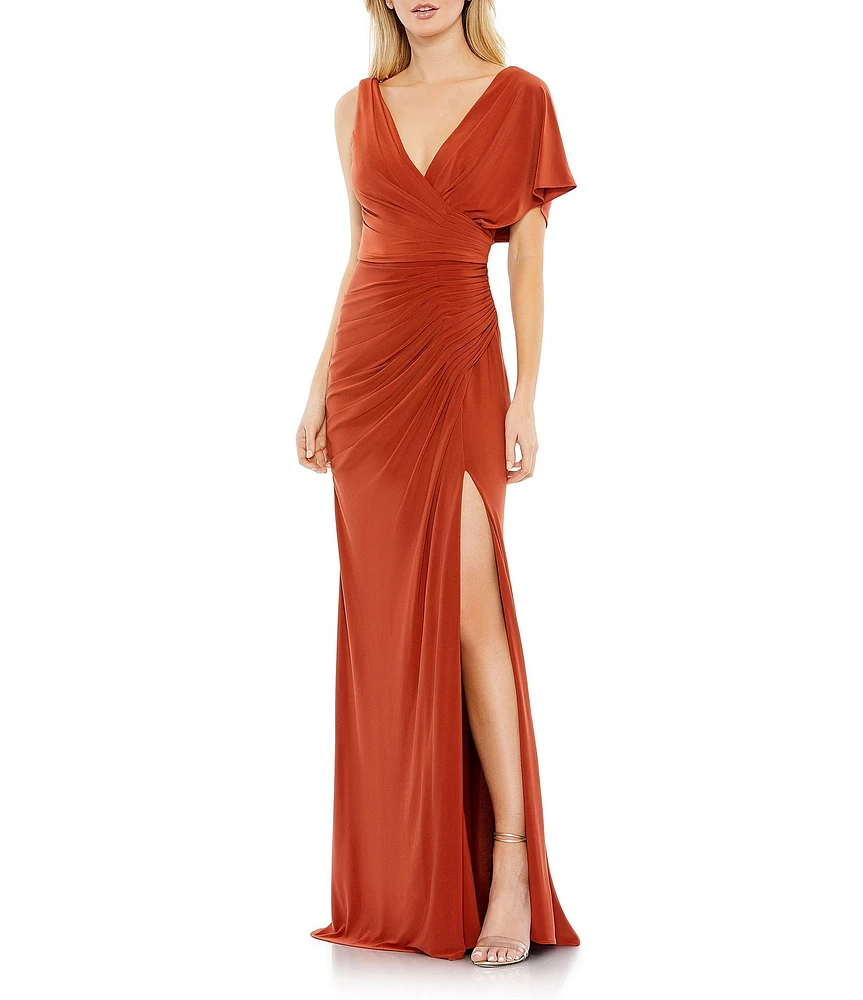 Mac Duggal V-Neck One Shoulder Sleeve Asymmetrical Scoop Back Front Slit Gown