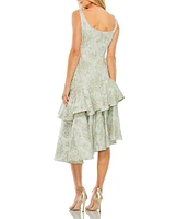 Mac Duggal V-Neck Rose Applique Detail Asymmetrical Drop Waist Ruffle Hem Midi Dress