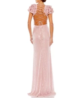 Mac Duggal V-Neck Ruffle Cap Sleeve Cut-Out Open Strappy Corset Back Gown