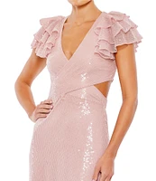 Mac Duggal V-Neck Ruffle Cap Sleeve Cut-Out Open Strappy Corset Back Gown