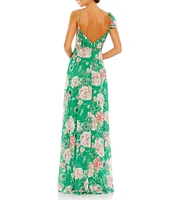 Mac Duggal V-Neck Ruffle Front Floral Print Chiffon A-Line Gown