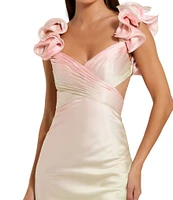 Mac Duggal V-Neck Ruffle Shoulder Side Cut Out Ombre Charmeuse Satin Sheath Gown
