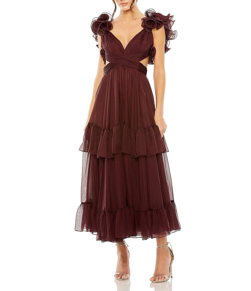 Mac Duggal V-Neck Ruffle Tiered Cut-Out Chiffon Dress