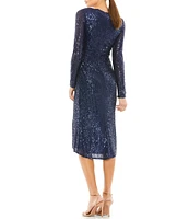 Mac Duggal V-neck Sequined Long Sleeve Sheath Dress