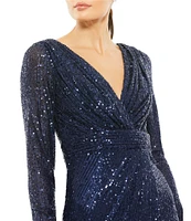 Mac Duggal V-neck Sequined Long Sleeve Sheath Dress