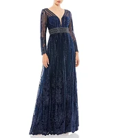 Mac Duggal Mesh Deep V-Neck Sheer Long Sleeve Beaded Belt Sequin Gown