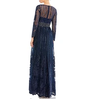 Mac Duggal Mesh Deep V-Neck Sheer Long Sleeve Beaded Belt Sequin Gown