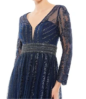 Mac Duggal Mesh Deep V-Neck Sheer Long Sleeve Beaded Belt Sequin Gown