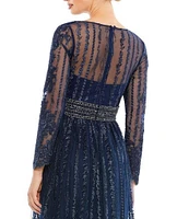 Mac Duggal Mesh Deep V-Neck Sheer Long Sleeve Beaded Belt Sequin Gown