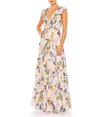 Mac Duggal V-Neck Shirred Bodice Floral Chiffon A-Line Gown