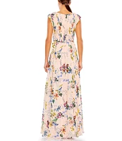 Mac Duggal V-Neck Shirred Bodice Floral Chiffon A-Line Gown