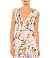 Mac Duggal V-Neck Shirred Bodice Floral Chiffon A-Line Gown