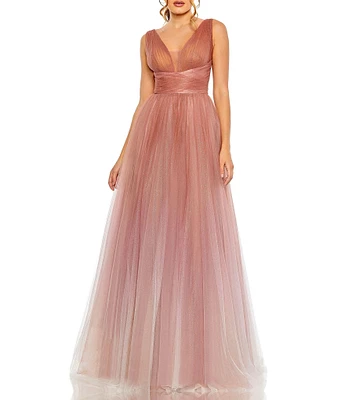 Mac Duggal V-Neck Shirred Bodice Giltter Ombre Ballgown