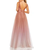 Mac Duggal V-Neck Shirred Bodice Giltter Ombre Ballgown