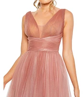 Mac Duggal V-Neck Shirred Bodice Giltter Ombre Ballgown
