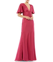 Mac Duggal V-Neck Short Flounce Sleeve A-Line Dress
