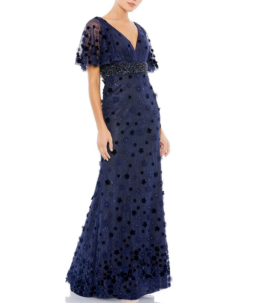 Mac Duggal V-Neck Short Flutter Sleeve Floral Pleated Cape Back Sheath Gown