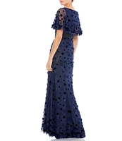 Mac Duggal V-Neck Short Flutter Sleeve Floral Pleated Cape Back Sheath Gown