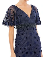 Mac Duggal V-Neck Short Flutter Sleeve Floral Pleated Cape Back Sheath Gown